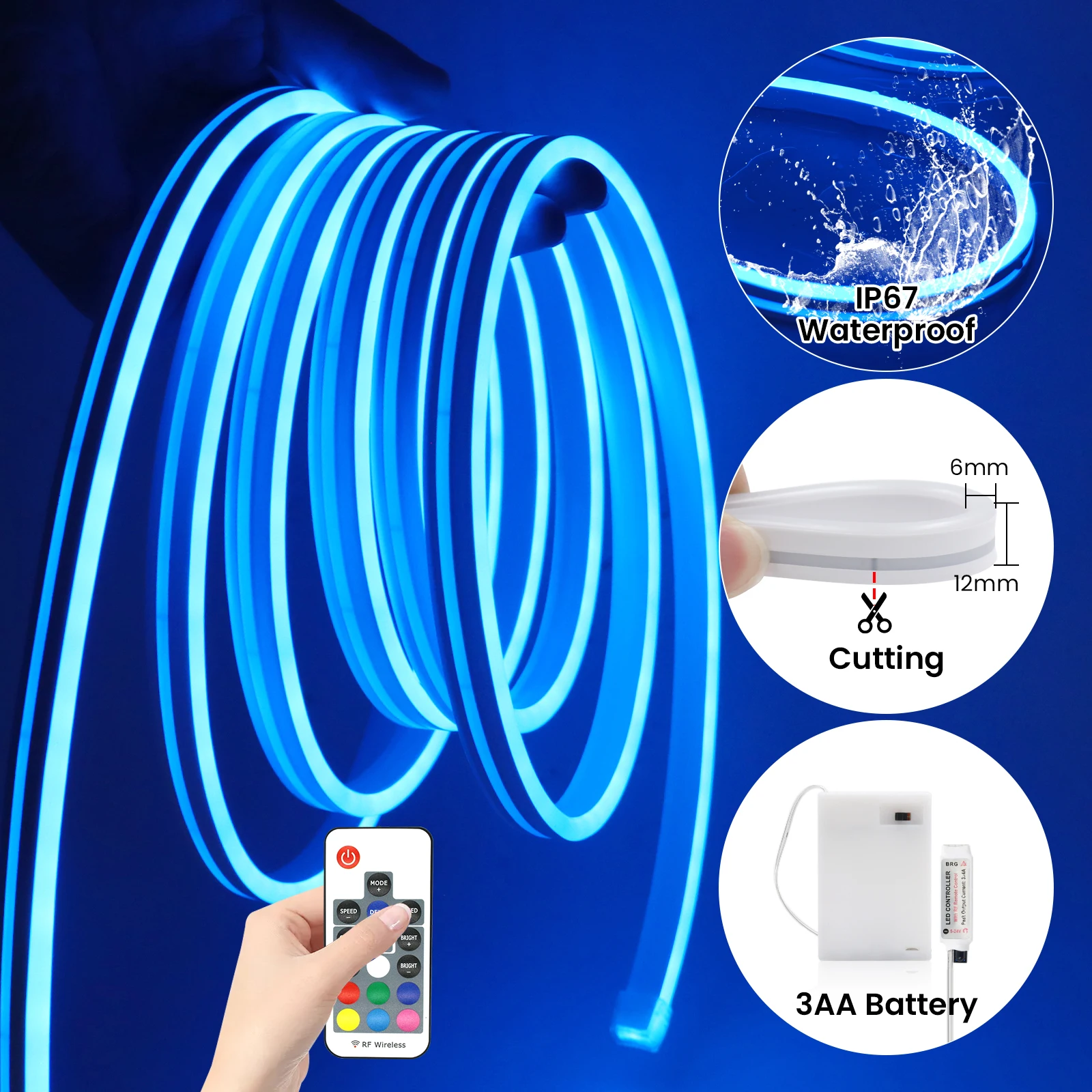 3AA Battery Powered 5V RGB Color-changing LED Neon Strip Light 1M 2M 3M Waterproof With Bluetooth Remote Control For Home Decor
