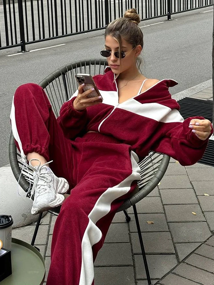 Solid Block Zip Up Hooded Track Suit Sets Daily Long Sleeve Jacket  Pants Two Piece Outfit 2026 Autumn New Street Casual Outfits