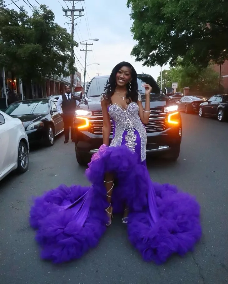 

Purple Crystal Prom Dresses Long for Black Girls 2025 Ruffle Side Slit Beading Formal Evening Gowns Customized