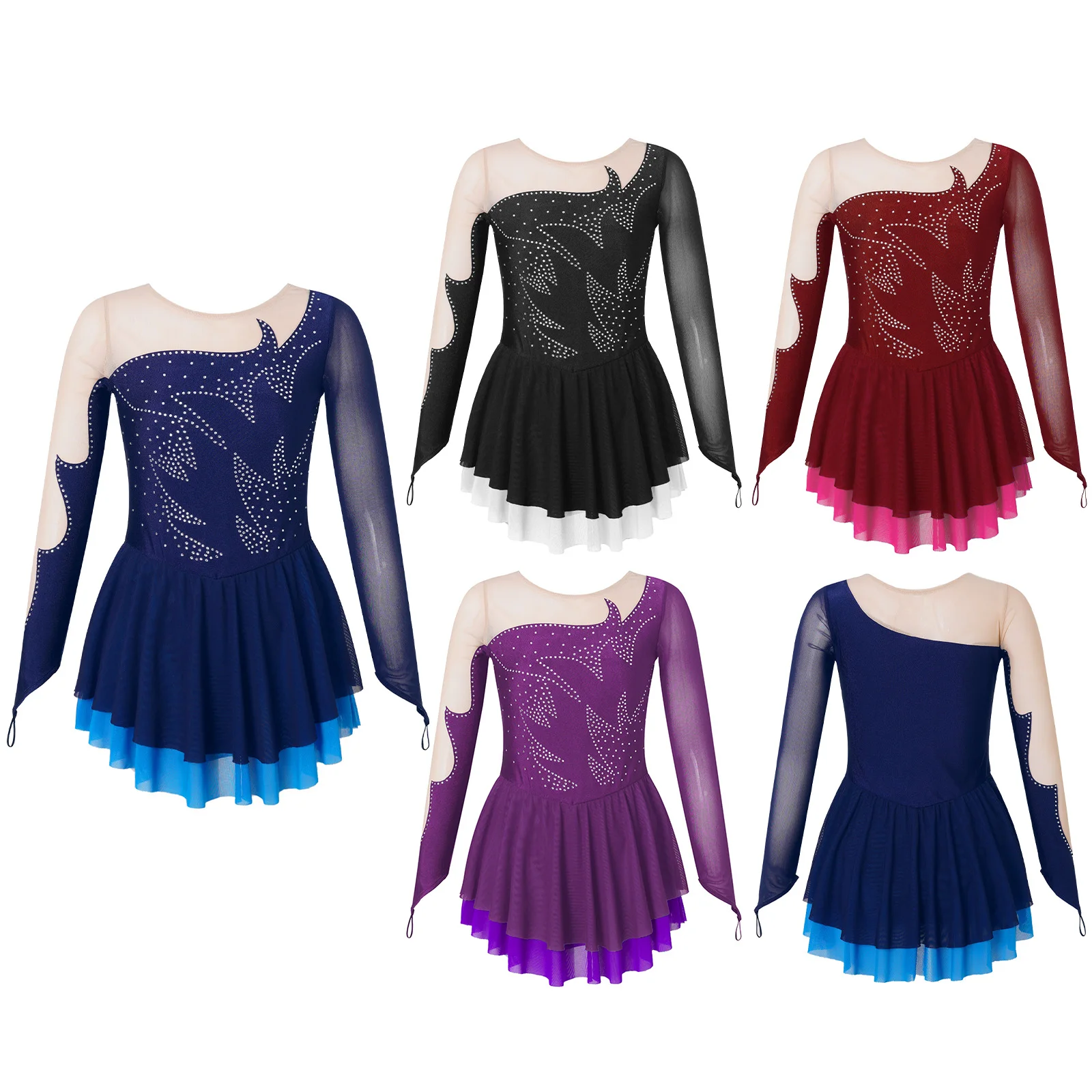 Kid Girls Long Sleeve Figure Skating Dress Teen Shiny Rhinestone Sheer Mesh Tutu Ballet Gymnastics Dance Leotard Dress Dancewear