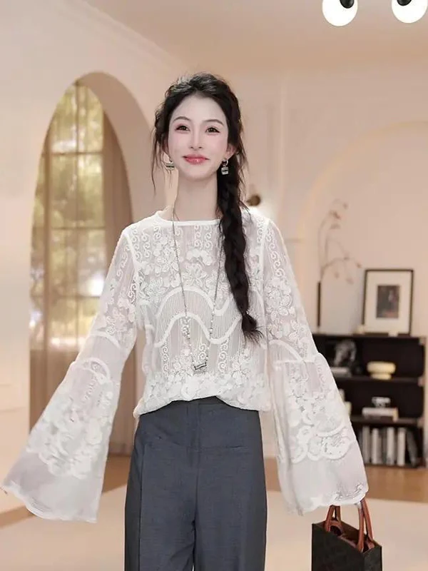 

Lace Sve Blouse Women's Loose Fit Long Sve Base Layer Casual Slimming Inner Wear Spring Autumn New Sle Bell Sve irt