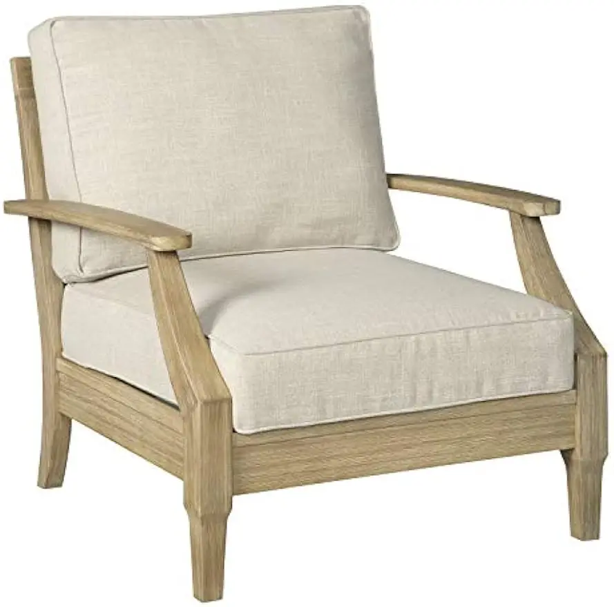 Signature Design by Ashley Clare View Outdoor Eucalyptus Wood Single Cushioned Lounge Chair, Beige