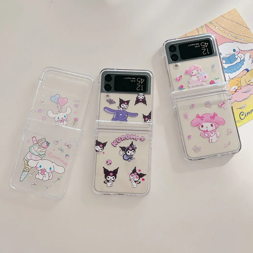 Etui na telefon Kawaii Cinnamoroll z bransoletką do Samsung Galaxy Z Flip 3 4 5 Z Flip 6 5G PC Hard Anti-fall Back Cover Transparent