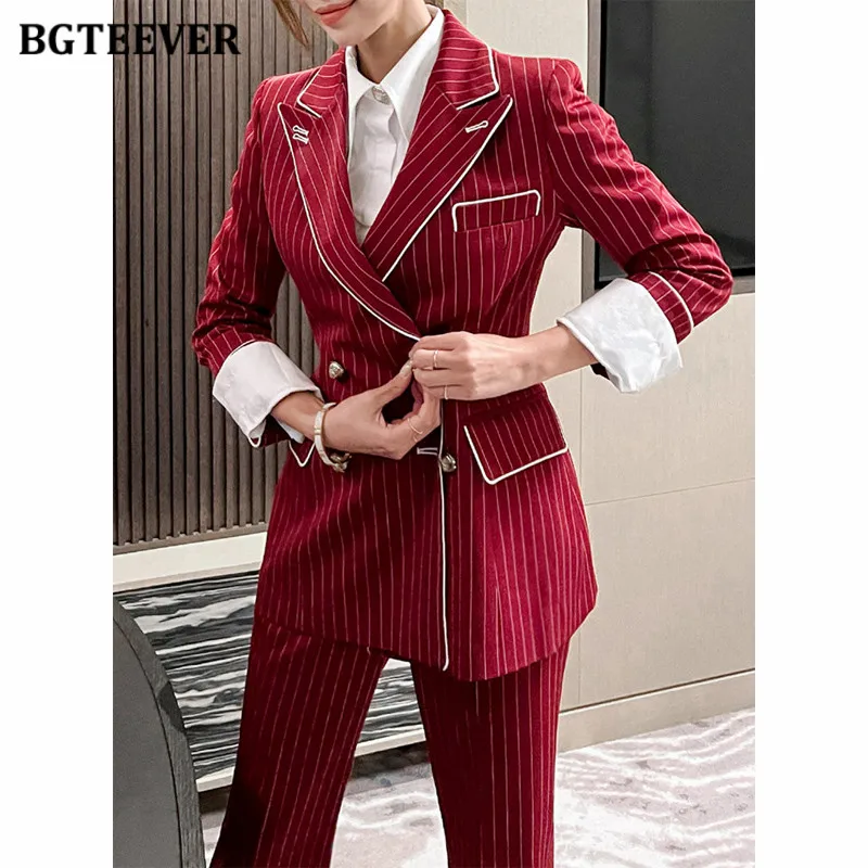 BGTEEVER Autumn Slim Women Striped Blazer Set Long Sleeve Double Breasted Jackets Ladies Trousers Suits for Women Pants Set