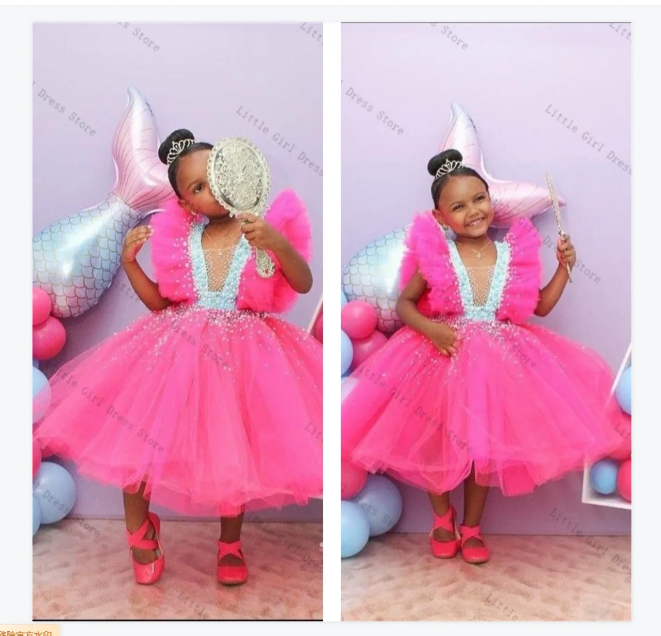 

Crystals Pink Princess Flower Girl Dress Sexy Sleeveless Tulle Stone Wedding Gown Kids Birthday Party Gown Dresses Customized