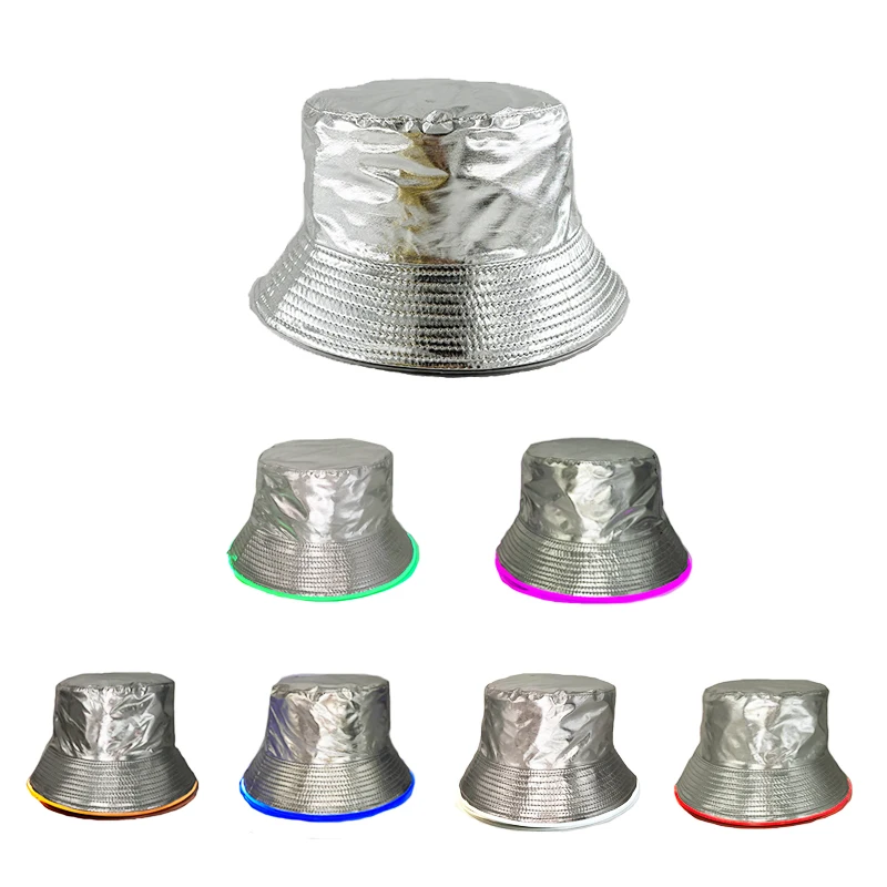 LED Light up Panama Bucket Hat Outdoor Anti-UV Sun Hats For Men Women r Fisherman Caps Silver Patent Leather Performance Props