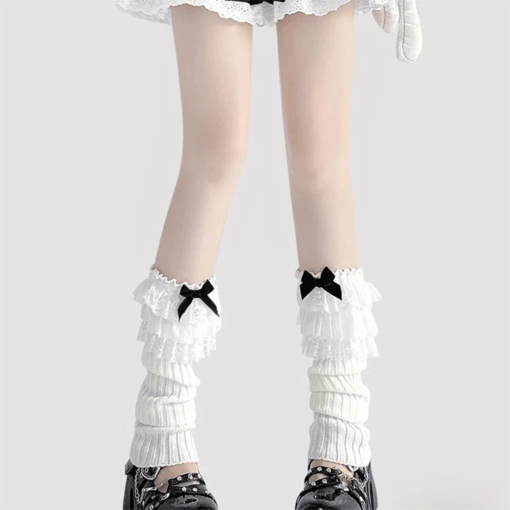 New Ruffled Bow Lace Leg Warmers Tiered Lace Trim Knitted Leg Warmers Sweet Gothic Style Calf Leg Warmers Girls Women