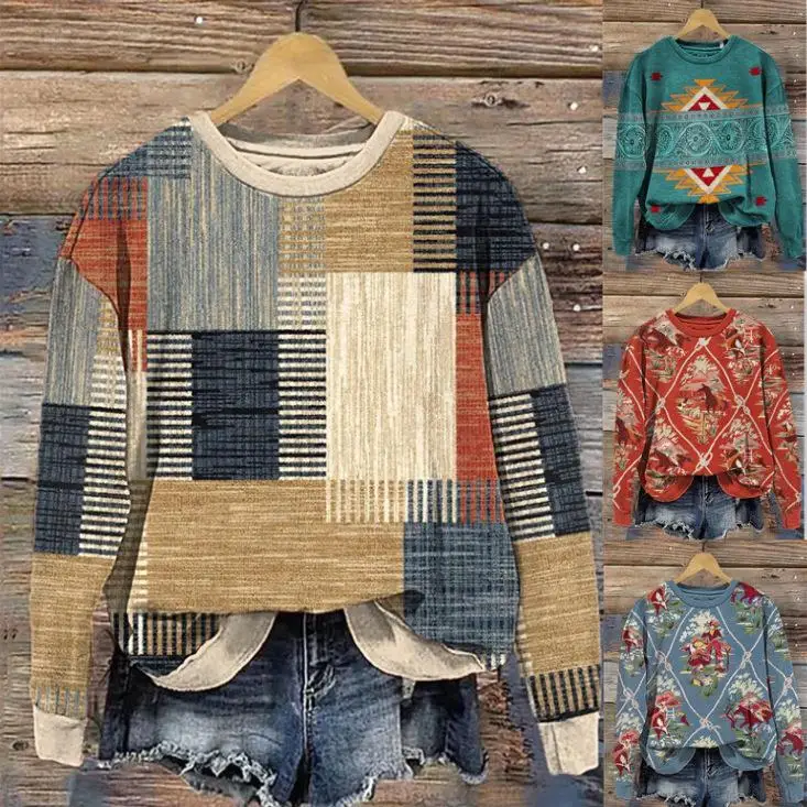 

Long Sleeve Western Style Hoodie Women's Vintage Effect 3D Patterned Casual Comfortable Fit Hoodie for All Seasons