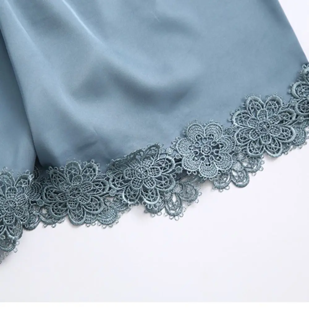 

Ice Silk Lace Pajamas Suit V-Neck Sleeveless Sling Shorts Nightwear Female Home Clothes with Pad Two Piece Sleepwear Sets Girl