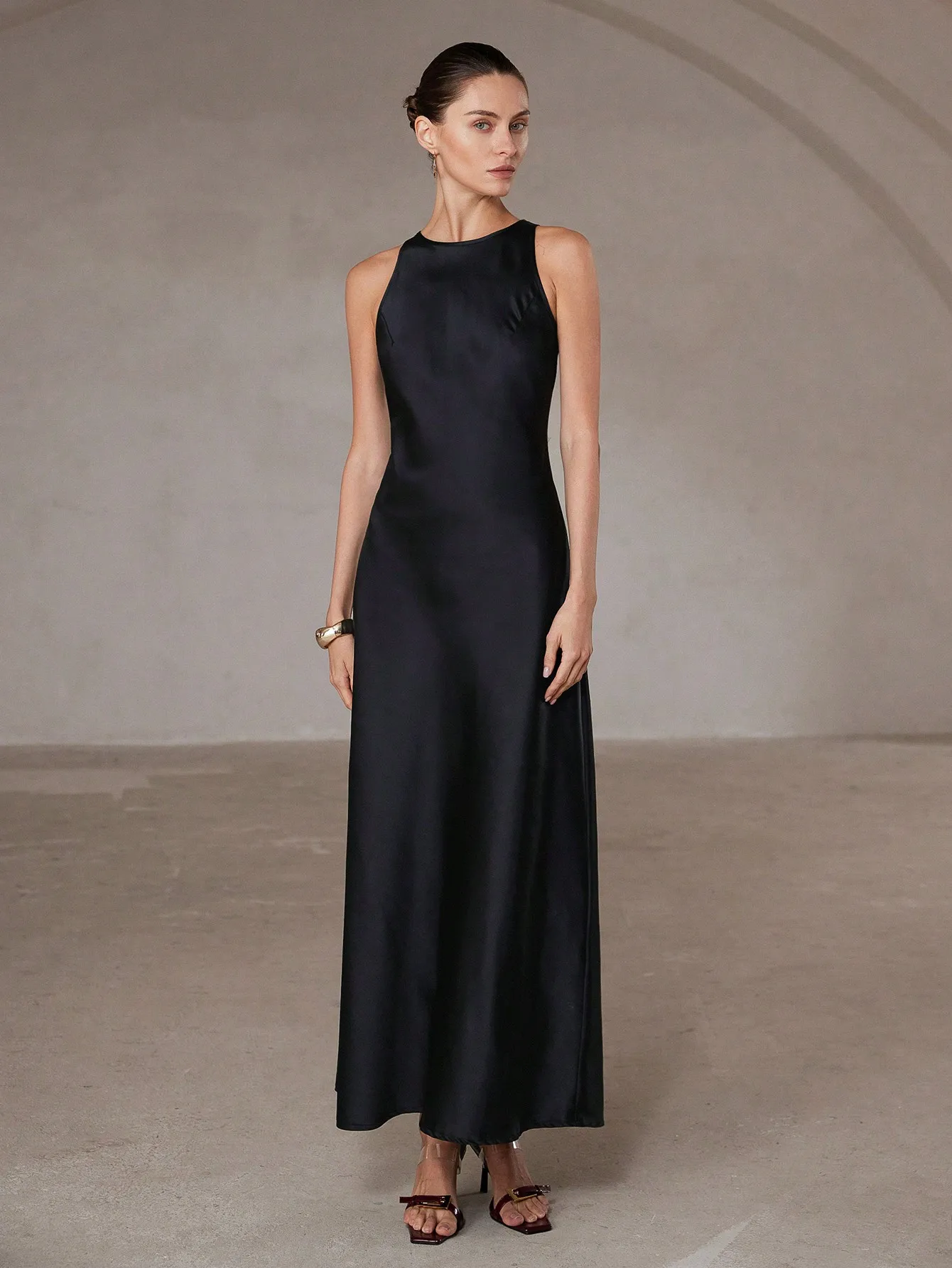 Aveloria Modichic Minimalist Chic Asymmetric Bias-Cut Double-Sided Satin-Like Fabric A-Line Sleeveless Long Dress