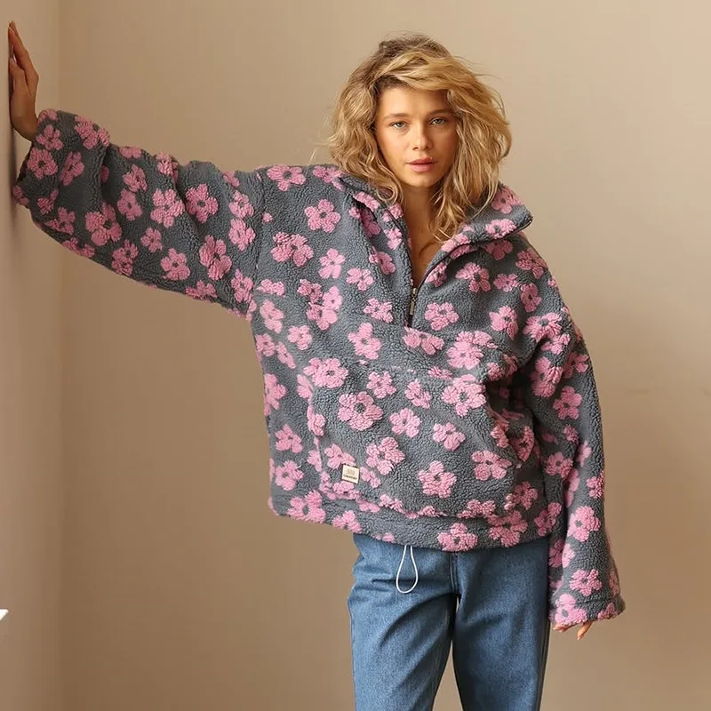 

New Autumn Winter Women's Sherpa Floral Pullover Hoodies Half Zip Style Loose Fit Warm Stylish Sweatshirt