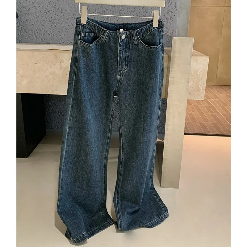 

Focus Denim Embroidered Waistless Jeans Retro Wide Leg Straight Leg Long Pants Casual Style Natural Waist Pocket Detail
