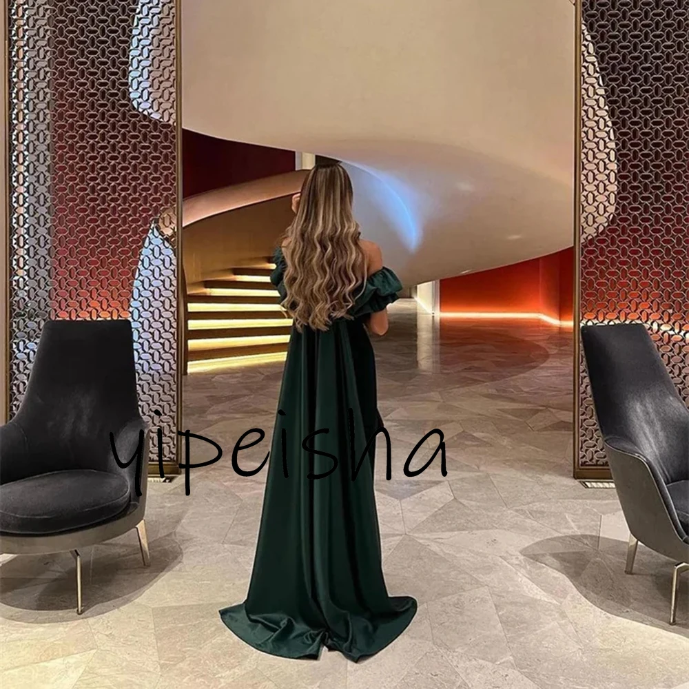 Customized Elegant Green Satin Prom Dress Pleat With Sweep Train Off The Shoulder Ankle Length Special Party Evening Dresses