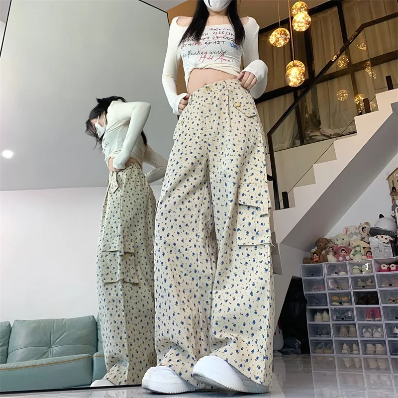Korean Retro Floral Cargo Pants Women Loose Wide Leg Straight Full Length High Waist Fashion Versatile Casual Trousers Female