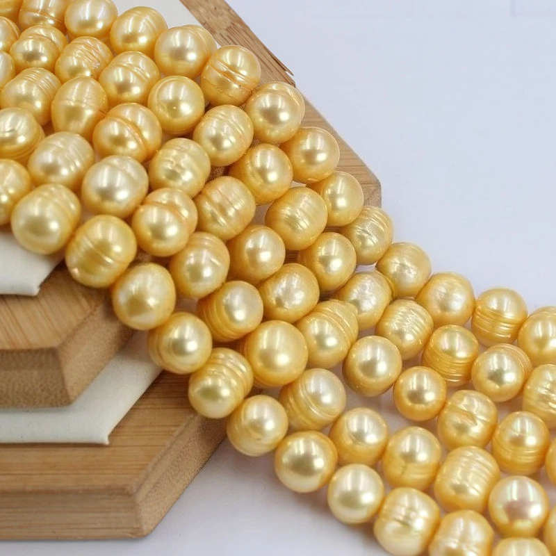 Natural 11-12mm Thread, Nearly Round Gold Pearl Bead, Through-hole Loose Bead Jewelry, Necklace, Bracelet Jewelry