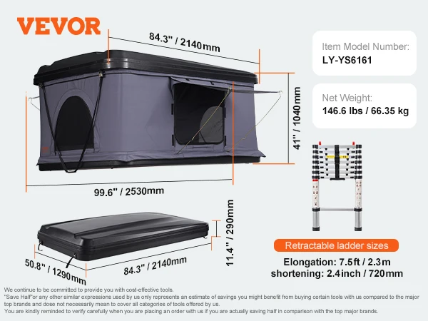 SucceBuy Rooftop Tent Hard Shell Daktop met Telescopische Ladder Dik Matras Waterdicht Winddicht voor Jeep Van Pickup Truck
