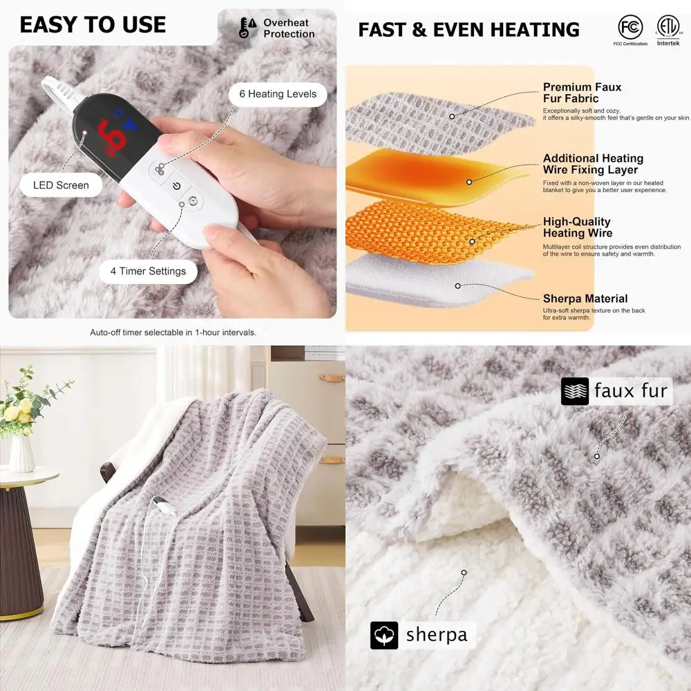 

50x60 Grey Waffle Electric Blanket - 6 Heat & 4 Timer Options, Soft Faux Fur, ETL, Overheat Safe, Washable, Perfect Gift