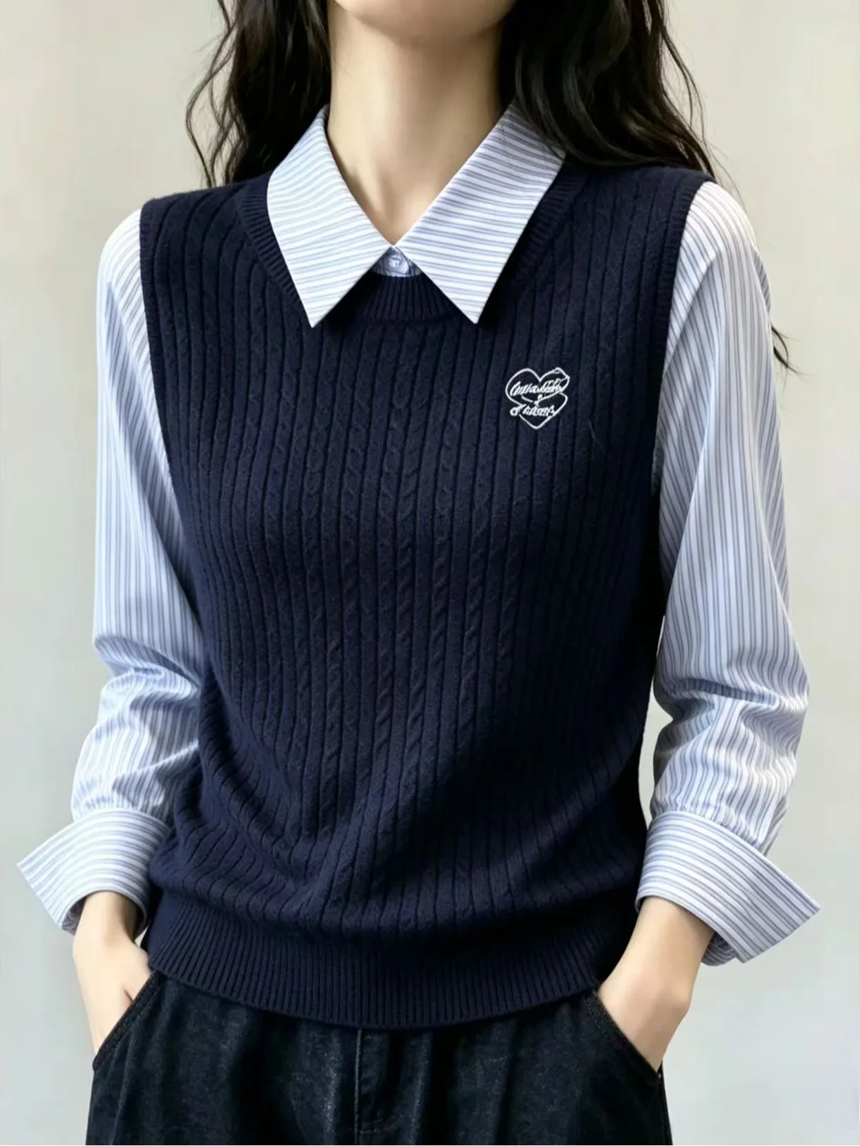 Autumn Soft Lazy Style Unique Blue Gradient Splicing Sweater Women's Loose Fit Comfortable Fake Two-Piece Design Knitted Top