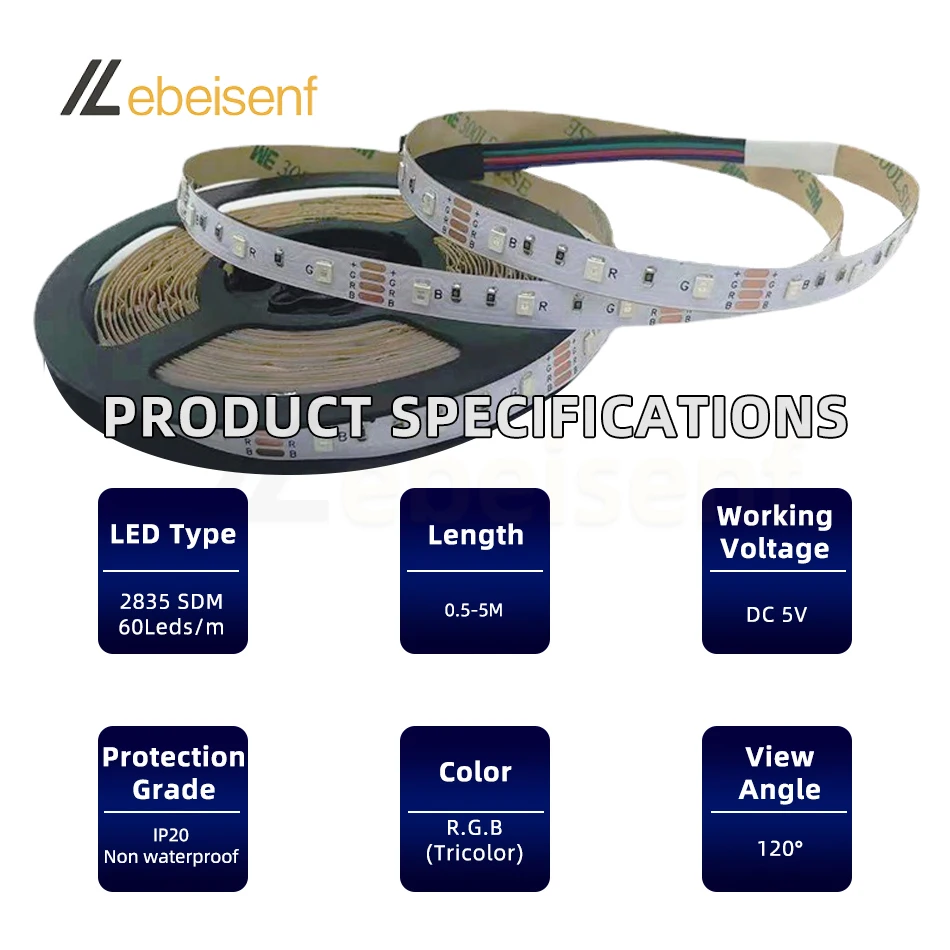 5V 2835 RGB LED Flexible Strip Light 0.5M 1M 2M 3M 4M 5M 60LEDs/m Red Green Blue with 3-Key Mini USB Plug Controller LED Dimmer