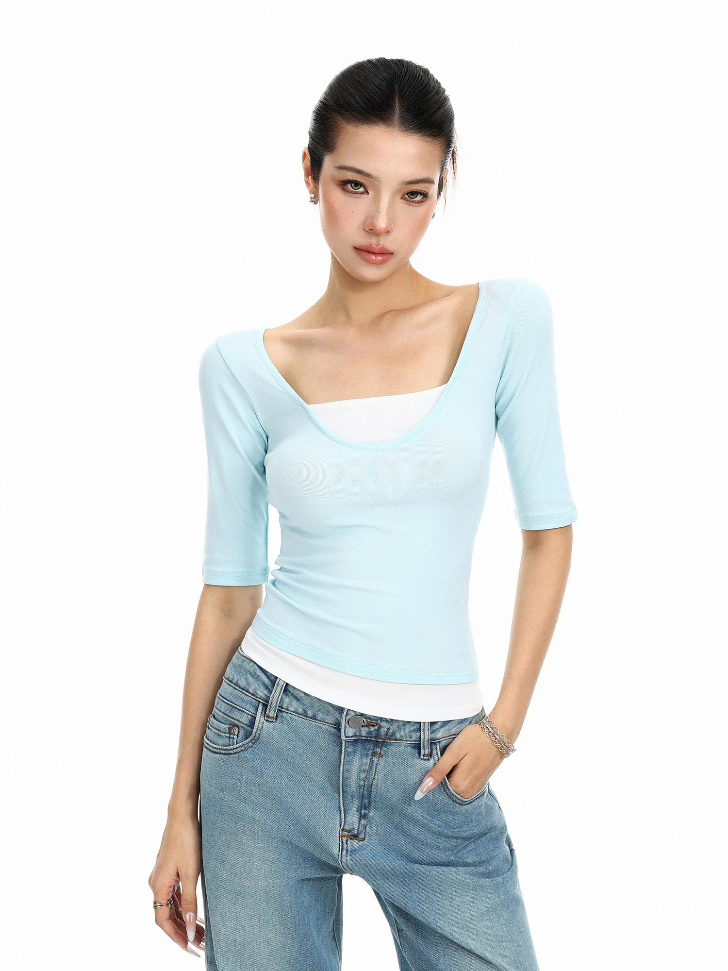 Summer Short Sleeve T-Shirt Women's Slim Fit Color Block Collision Casual Style Korean Style Breathable Skin-Friendly Short Top