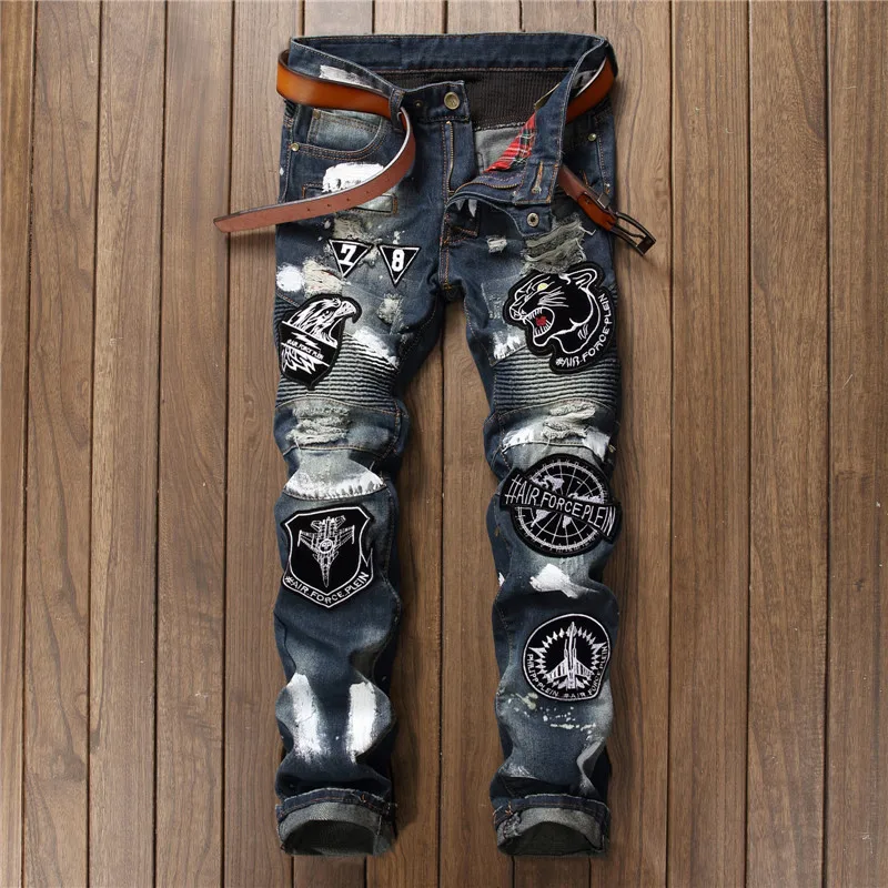 

New Fashion Men's Clothing Splice Club Style Denim Pants Embroidery Tiger Head Slim Small Straight Leg Jeans Casual Trousers