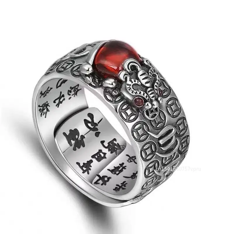 Anillo de amuleto de la suerte Feng Shui Pixiu para hombres y mujeres, joyería budista Retro chapada en plata, anillos ajustables, buena suerte y riqueza, regalo