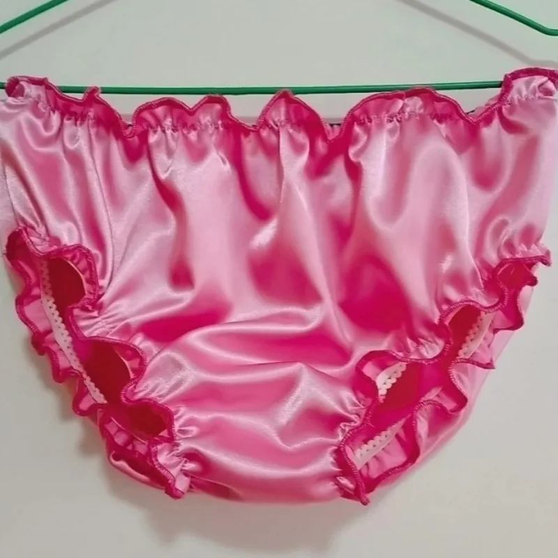 Mutandine da uomo in vita elastica con tocco setoso rosa da donna Slip in raso di seta con volant Intimo taglie forti Lingerie sexy Party Private
