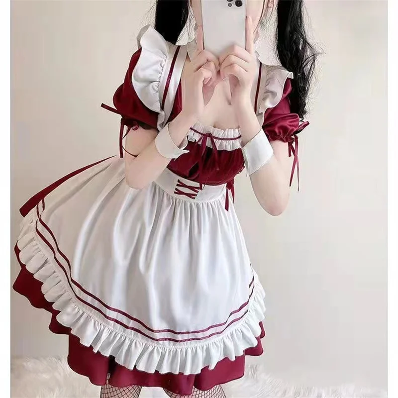 Nieuwe Bordeauxrode Mode Restaurant Meid Jurk Plus-Size Puur Cosplay Uniform Meisje Kawaii Lolita Jurk Gemaskerd Feest Kostuum Pak