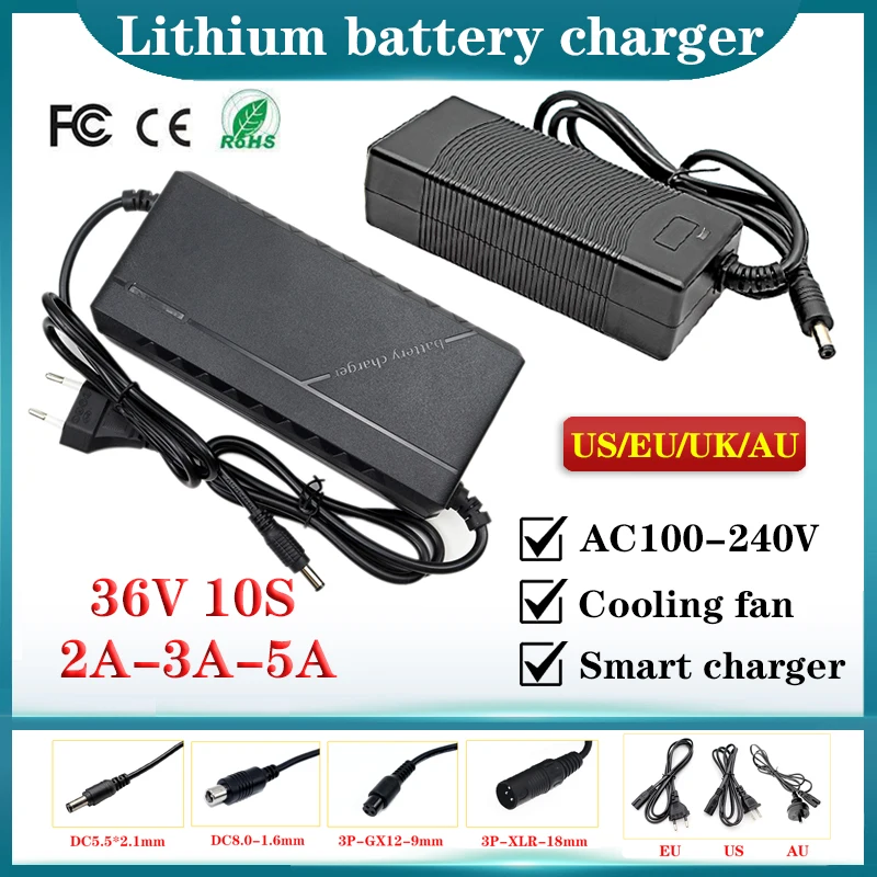 36V 2A 3A 5A ebike Lithium battery Charger AC100-240V to DC For 10S 42V Li-ion Cells pack M365 Scooter Fast Charger US/EU/UK/AU