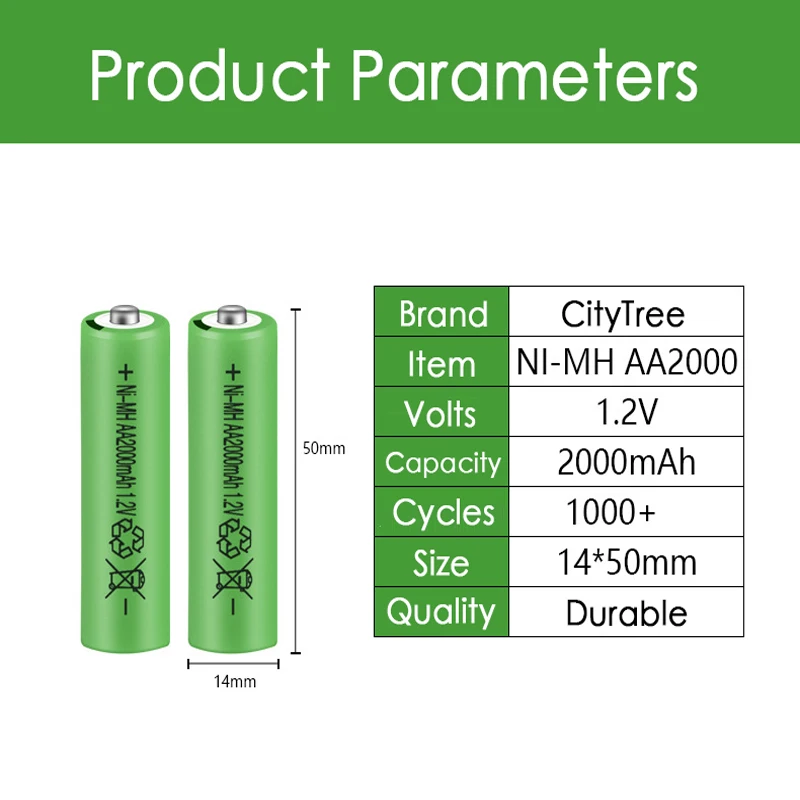 CityTree AA Battery Rechargeable 1.2V Ni-MH Battery 2000mAh 2A NiMH AA Batteries for Clock Toys Camera Flashlight