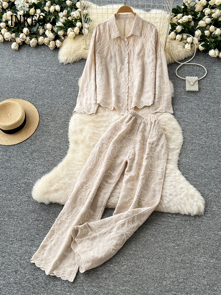 

Elegant Women's Embroidery Long sleeve shirt and Long pants 2025 Summer 2 Piece set Vintage Loose tops blouse Lady INKEO 5T036
