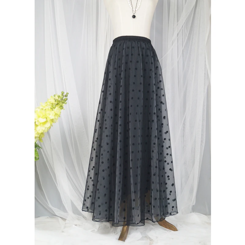 Polka Dot Mesh Skirt Mid-Length Bohemian Bottoming Women's Black White