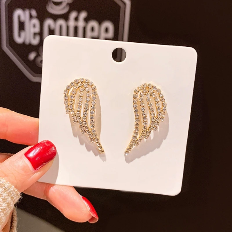 Angel Wings Full Crystal Rhinestone Golden Hollow Feather Stud Earring for Women Temperament Jewelry Christmas Girlfriend Gift