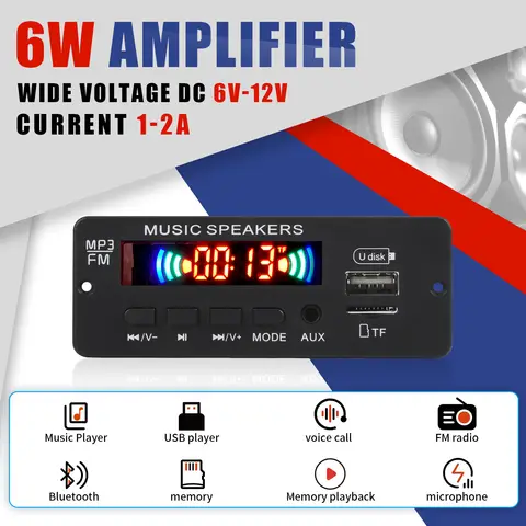 2*3W Amplifier MP3 Player Decoder Board 12V Bluetooth 5.0 6W Amplifier Car FM Radio Module Support TF USB AUX FM