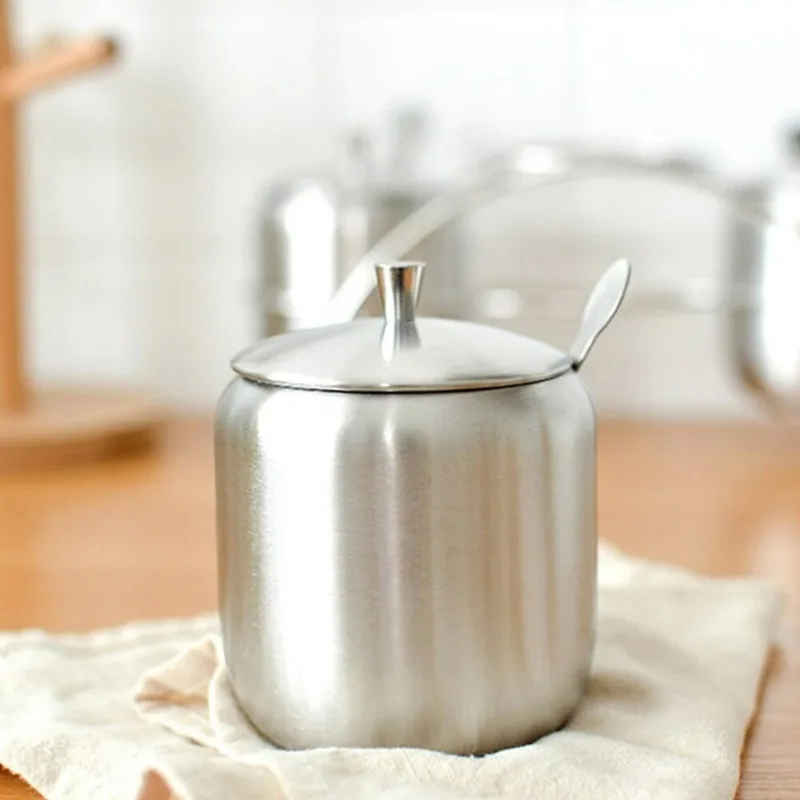 Azucarero de acero inoxidable de 350ml, tarro para condimentos de café, recipiente para especias, vinagrera con tapa y cuchara, 1 Juego