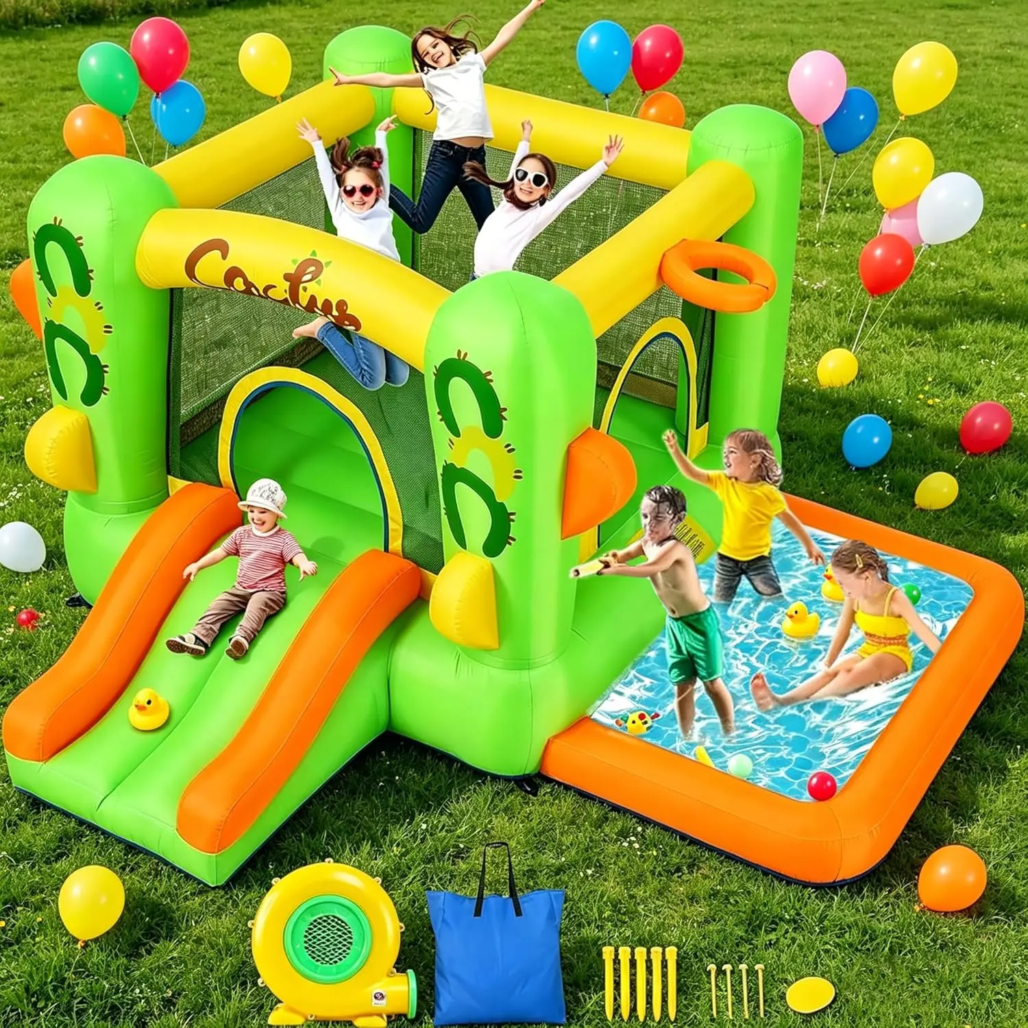 

Inflatable Bounce House with Splash Pool, Indoor Outdoor Blow Up Bouncy Castle for Teens, Backyard Party Water Park Jumping Bouncer, Green