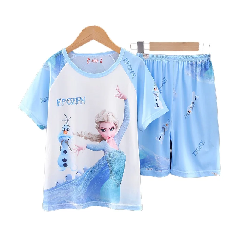 

Disney Frozen Elsa Summer Girls Kawaii Clothes Pajama Sets Cute Short Sleeve Kids Home Wear Sets Cartoon Children Sleepwear