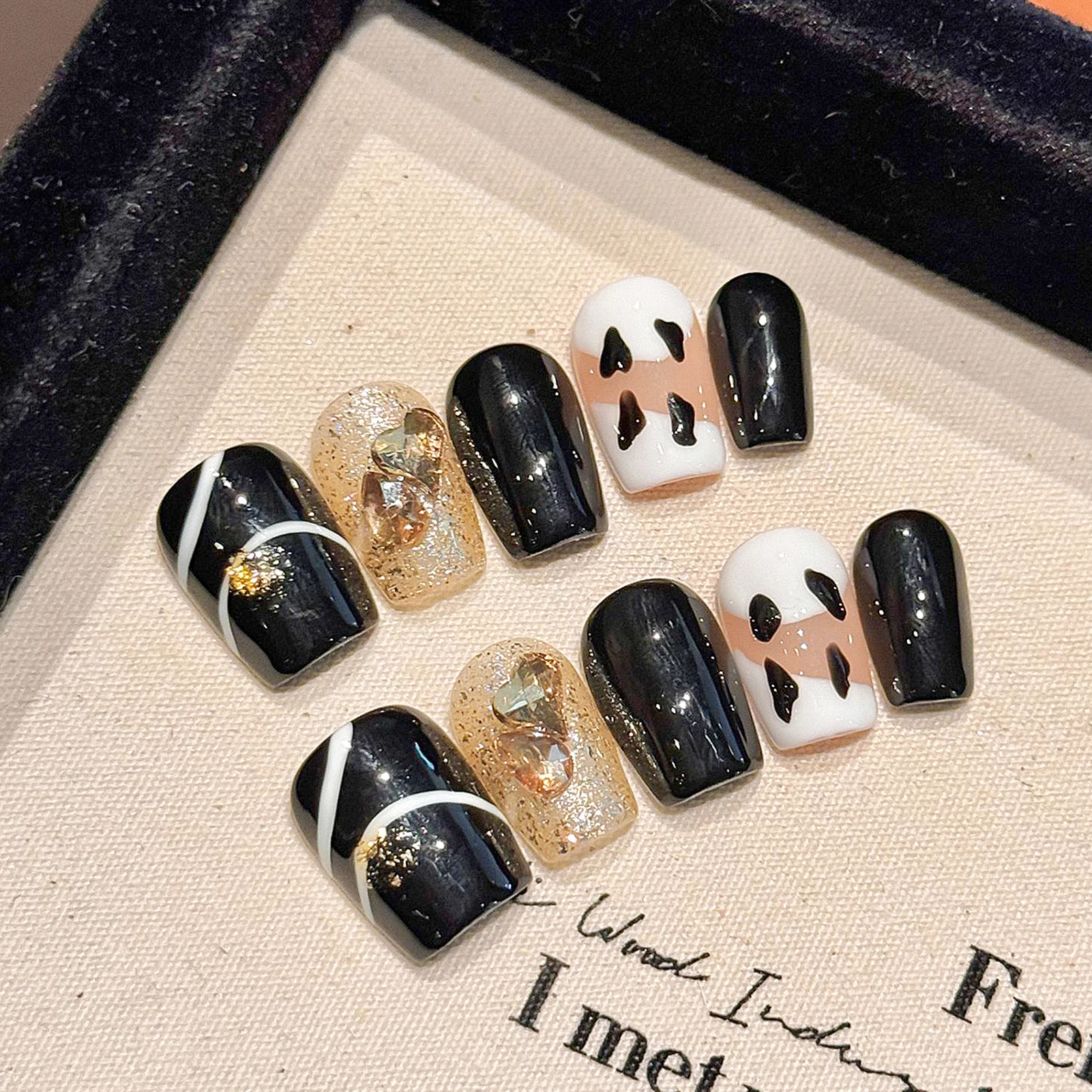 10 pçs imprensa em unhas acrílicas preto unhas falsas com champanhe diamante decoração caixão curto outono artesanal unhas falsas wearable