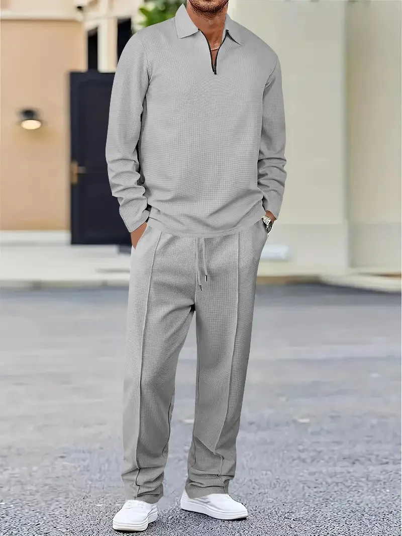 2025 new men's suit casual daily solid color Waffle fabric breathable Polo long sleeve shirt two pantsuits