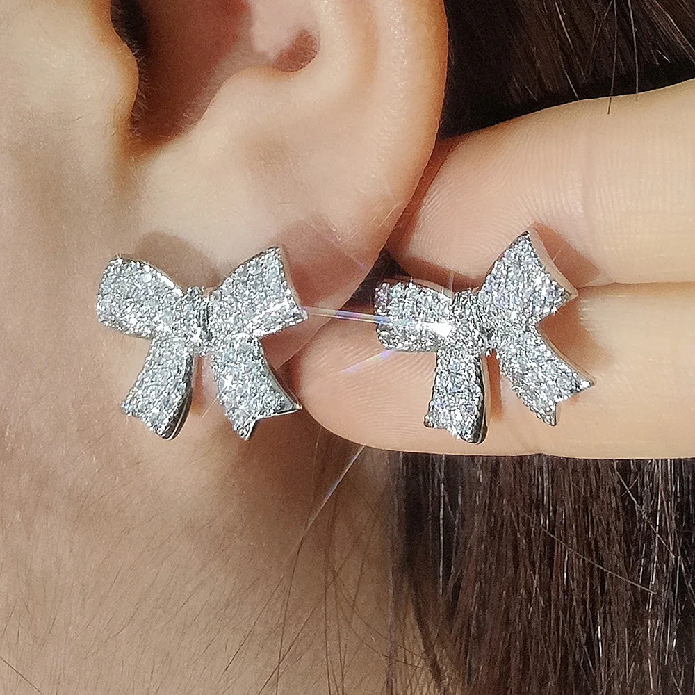 Pendientes de Plata con Lazo Completamente Adornado con Diamantes de Imitación, Mini Pendientes de Lazo con Cristales Brillantes, Elegantes y Dulces para Mujer, Joyería Diaria para Fiestas