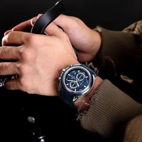 Imagen 1 del producto Relojes de marca NAVIFORCE para hombre, correa de cuero genuino, cronógrafo, indicador de fecha de cuarzo, reloj de pulsera deportivo resistente al agua, reloj de regalo para hombre