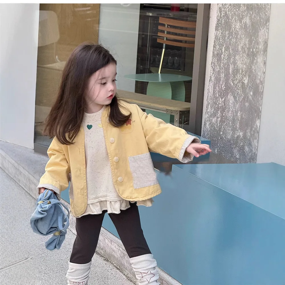 

2025 New Girls' Single-Breasted Trench Coat Jacket Autumn Wear Crew Neck Loose Long Sleeve Top