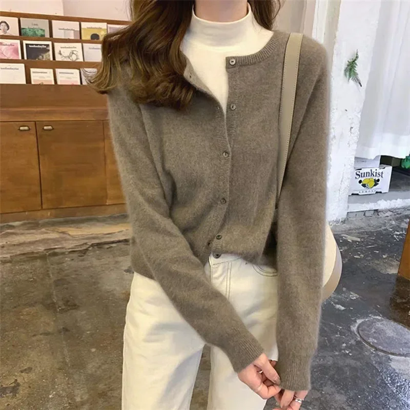 DAYIFUN-Women's Retro Wool Button Cardigans Long Sleeve Sweaters Short Jumpers Female Solid Outwear Autumn Clothing 2024