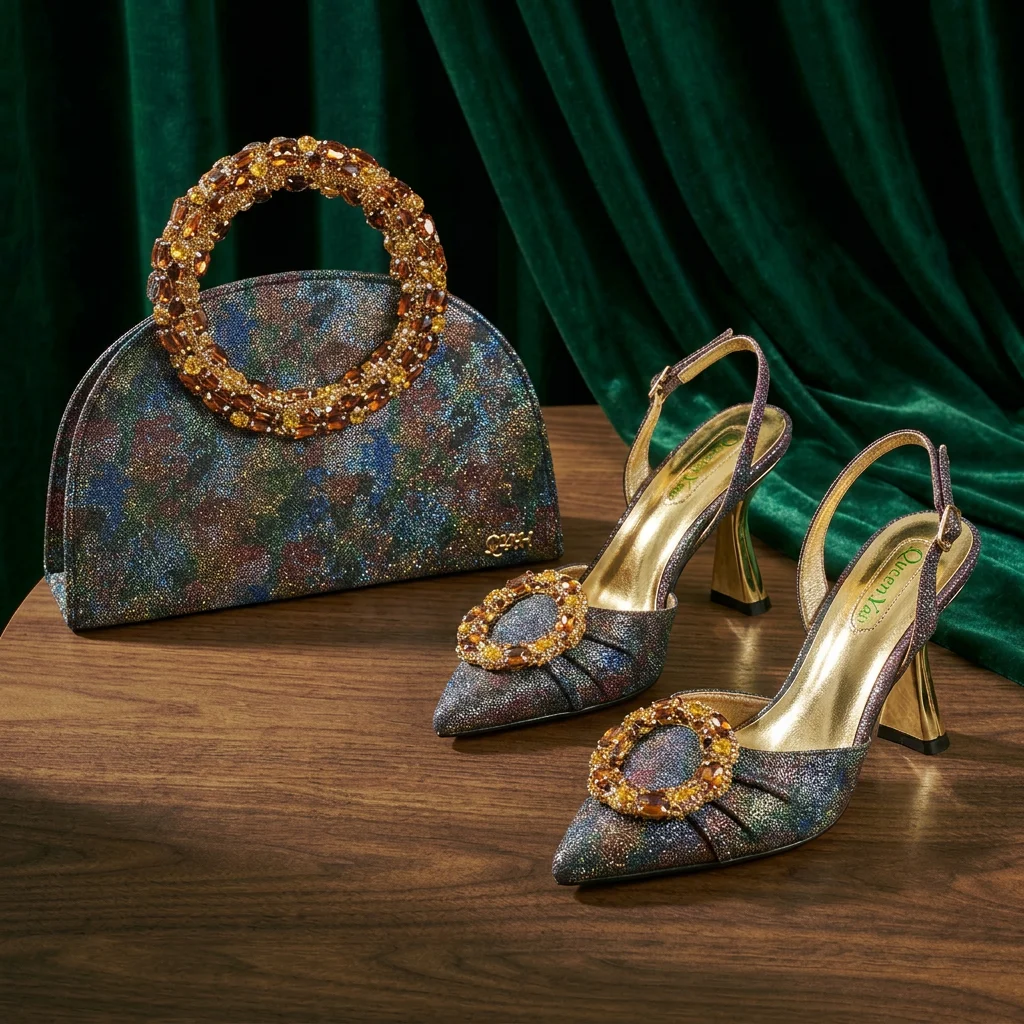 Multicolor Shimmer Rhinestone Circle Women Heels Rhinestone Ring Handle Evening Clutch Wedding Formal Matching Shoe and Bag Set