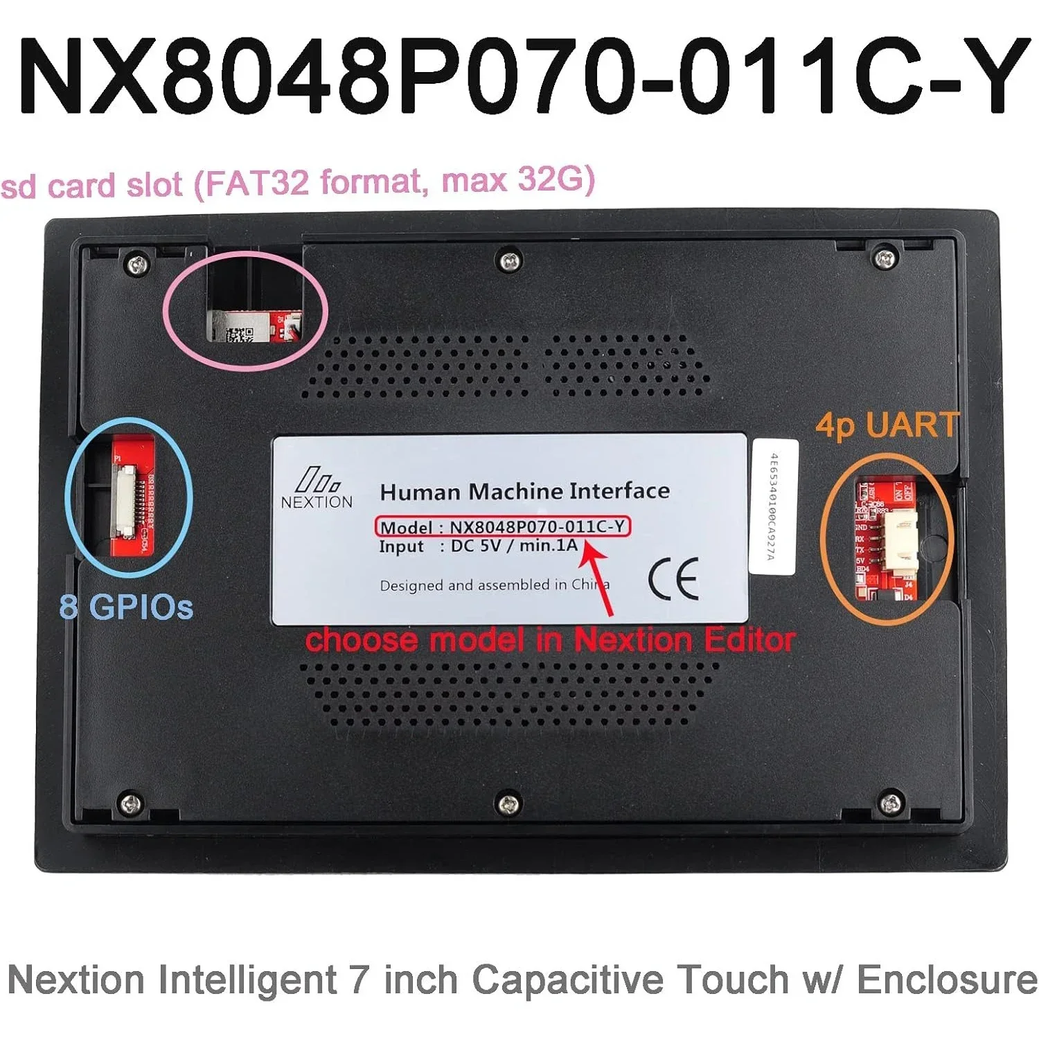Nextion NX8048P070-011C-Y 7" 800x480 Touch Capacitivo HMI TFT LCD 65K Colori 5V con Custodia RTC e GPIO per Arduino/Industriale