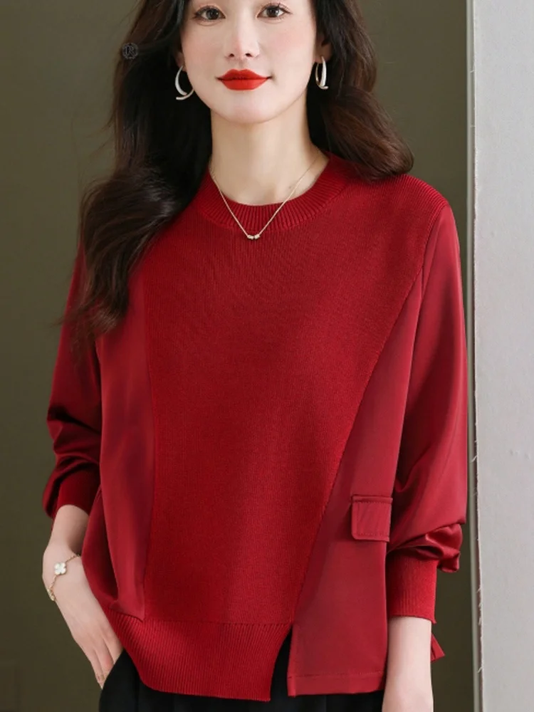 

Spring Autumn Thin round Neck Long Sleeve Loose Slimming Base Shirt Women's Fashionable Versatile Mommy Clothes Overhead Top