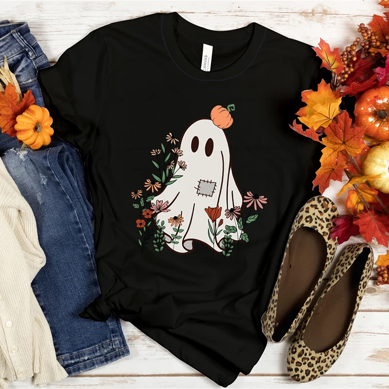 Summer Womans Halloween Flower Ghost Pumpkin Graphic T Shirt Fashion Female Short Sleeve Clothes Cartoon Funny Streetwear Tshirt