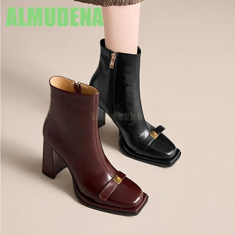 

Fangtou Короткие сапоги винно-красного цвета Модные и простые боковые молнии с дизайном на толстом каблуке в британском стиле Темпераментные сапоги на высоком каблуке