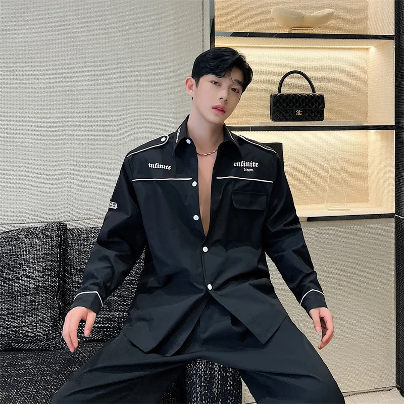 

Fall Faionable Loose Letter Print Design Workwear irt for Men Trendy Motorcycle Sle Long Sve Stand Fit Casual irt