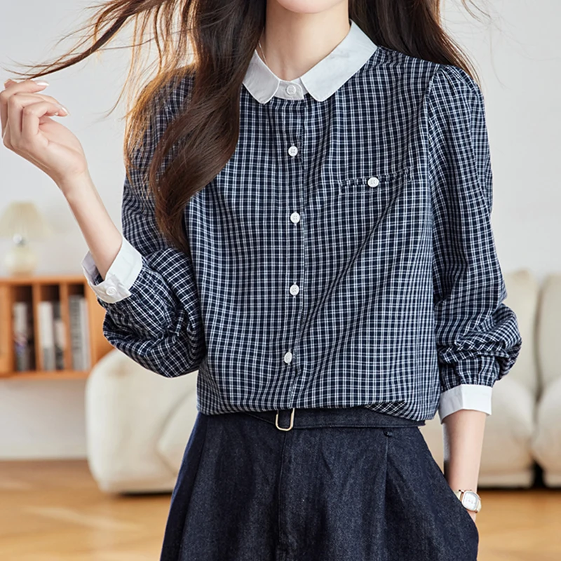 

Blue White Checkered Shirt Women Long Sleeve Single-Breasted Tops Elegant Turn-down Plaid Blouse Female 2026 New Spring Autumn